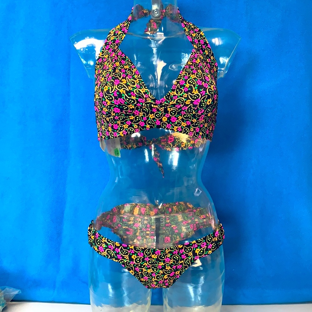 Neon Fleur Gold Paisley Hipster Halter Bikini NWT